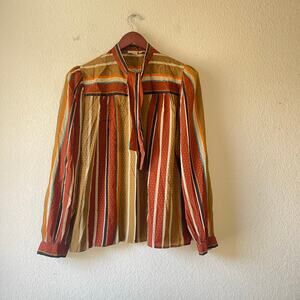Vintage 70s Striped Tie-Neck Blouse Autumn Tones Boho Retro 12
